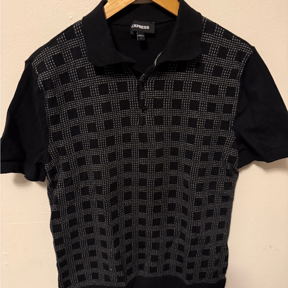 Men's Black and Gray Check Sweater Polo